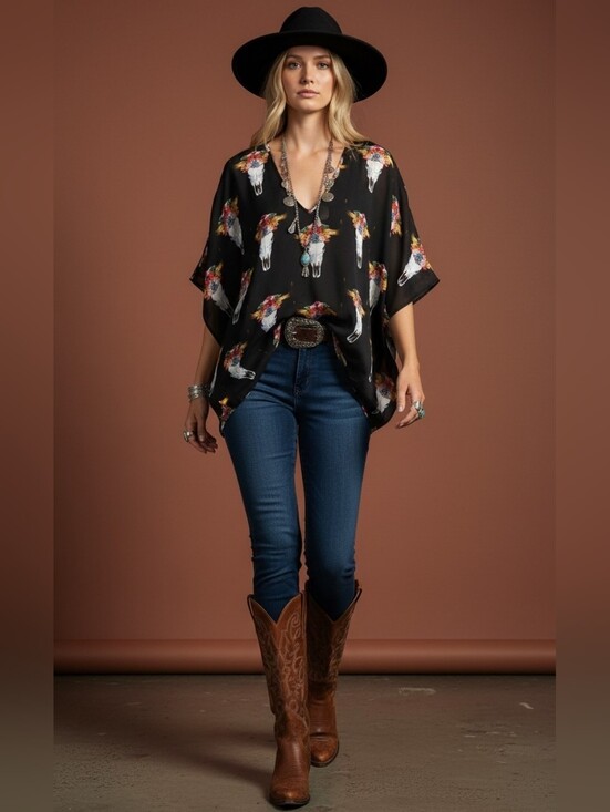 Show Me Your MuMu Tops - Show Me Your MuMu Peta Tunic Floral Bull Skull Print Oversized Small P2P 31"